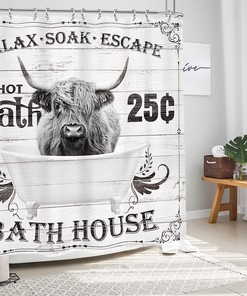 Funny Highland Cow Shower Curtain With Rustic Farm Wildlife Animal Barn Hilarious Wood Cute