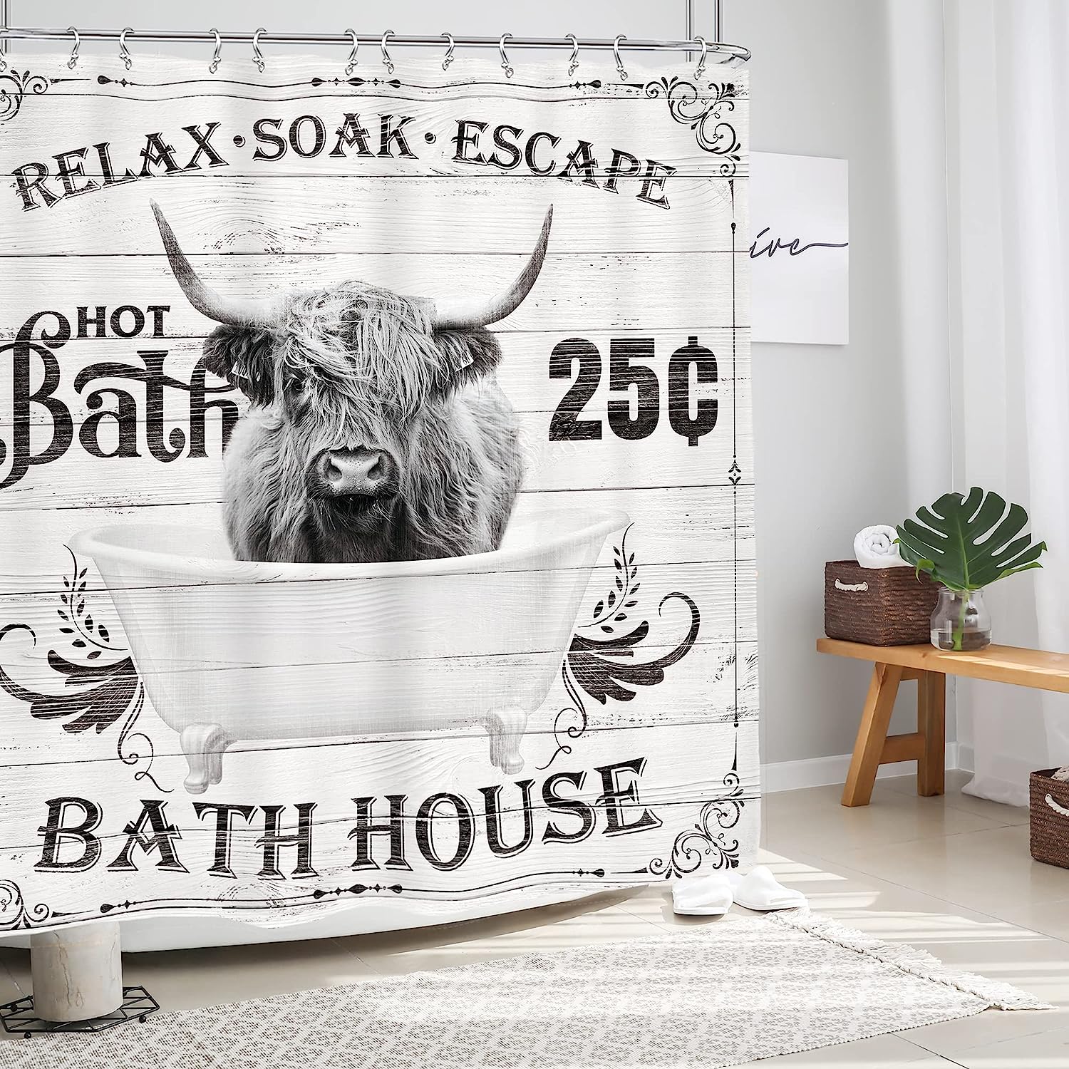 Funny Highland Cow Shower Curtain With Rustic Farm Wildlife Animal Barn Hilarious Wood Cute