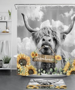 Funny Highland Cow Shower Curtain with A Sunflower Crown to Add Some Sass to Your Bathroom