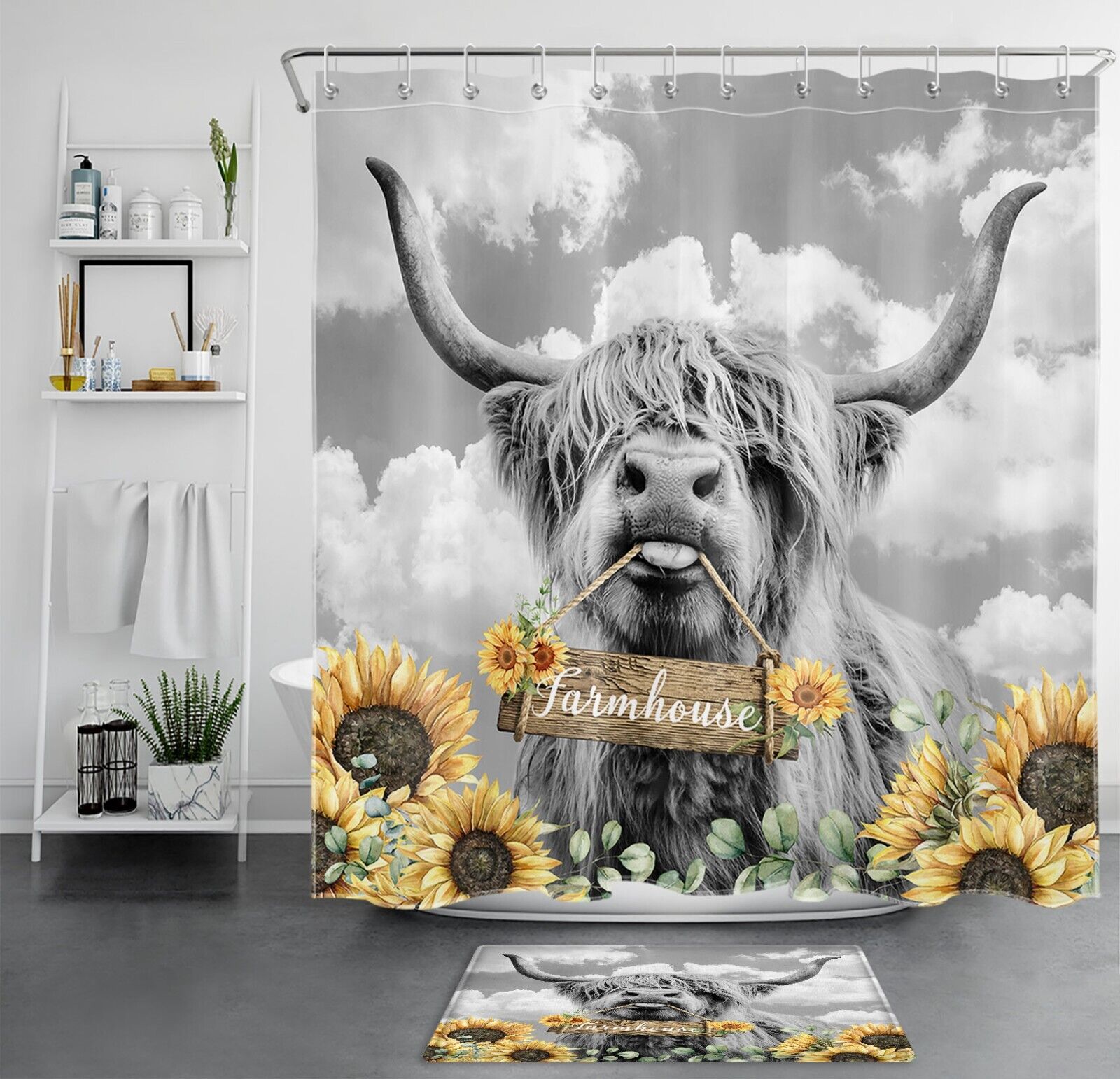 Funny Highland Cow Shower Curtain with A Sunflower Crown to Add Some Sass to Your Bathroom