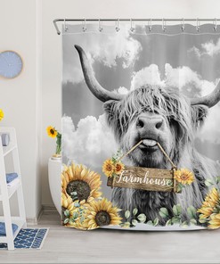 Funny Highland Cow Shower Curtain with A Sunflower Crown to Add Some Sass to Your Bathroom