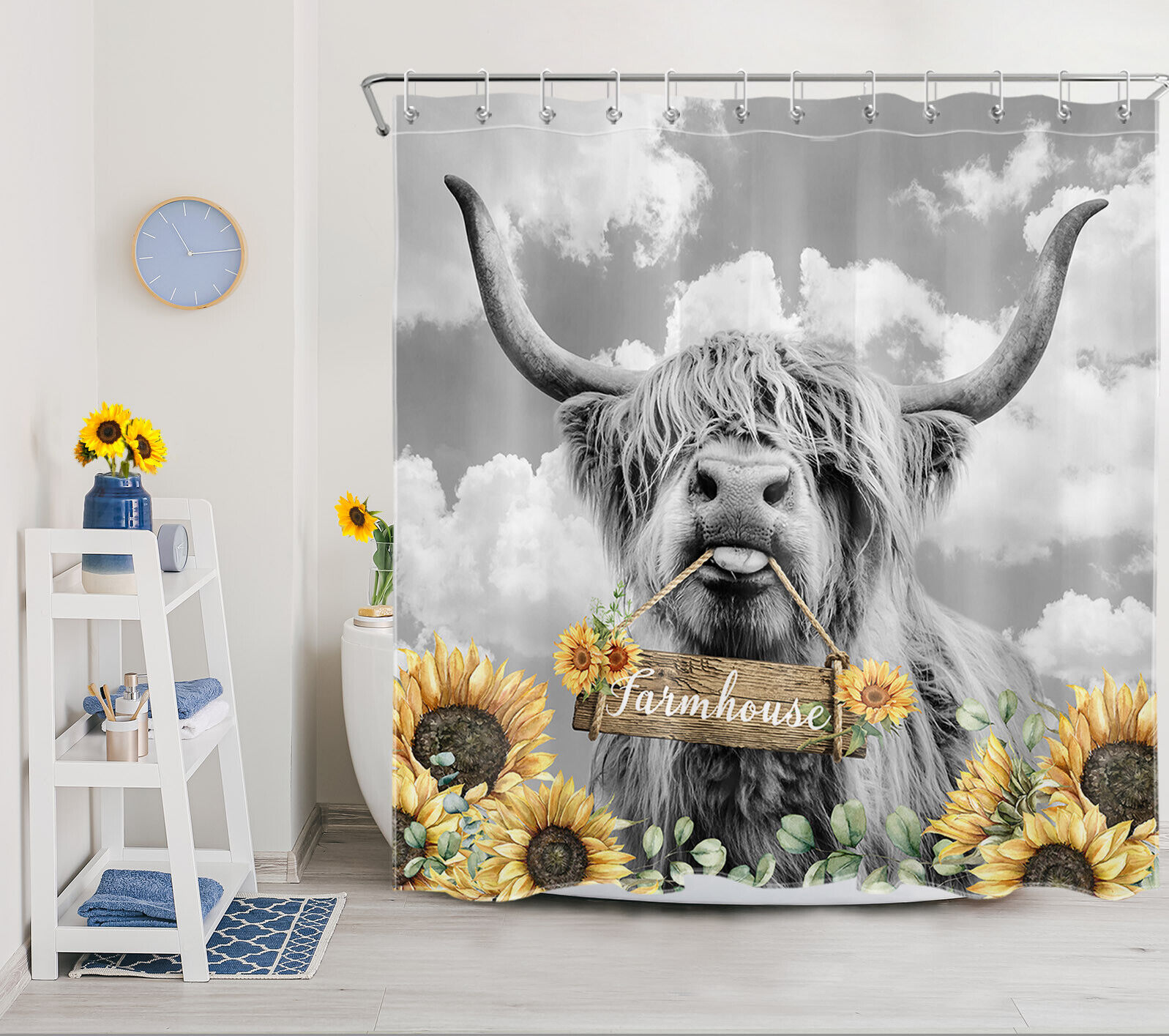 Funny Highland Cow Shower Curtain with A Sunflower Crown to Add Some Sass to Your Bathroom