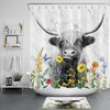 Funny Highland Cow Shower Curtain with Marble Flower Print, Waterproof and Cute Design