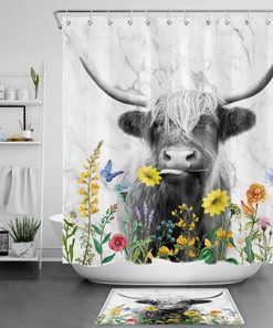 Funny Highland Cow Shower Curtain with Marble Flower Print, Waterproof and Cute Design