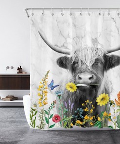 Funny Highland Cow Shower Curtain with Marble Flower Print, Waterproof and Cute Design