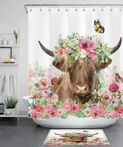 Funny Highland Cow Spring Flower Butterfly Decorative Shower Curtain Bathroom