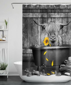 Funny Highland Cow Sunflower Print Shower Curtain for Modern Farmhouse Bathroom Decor