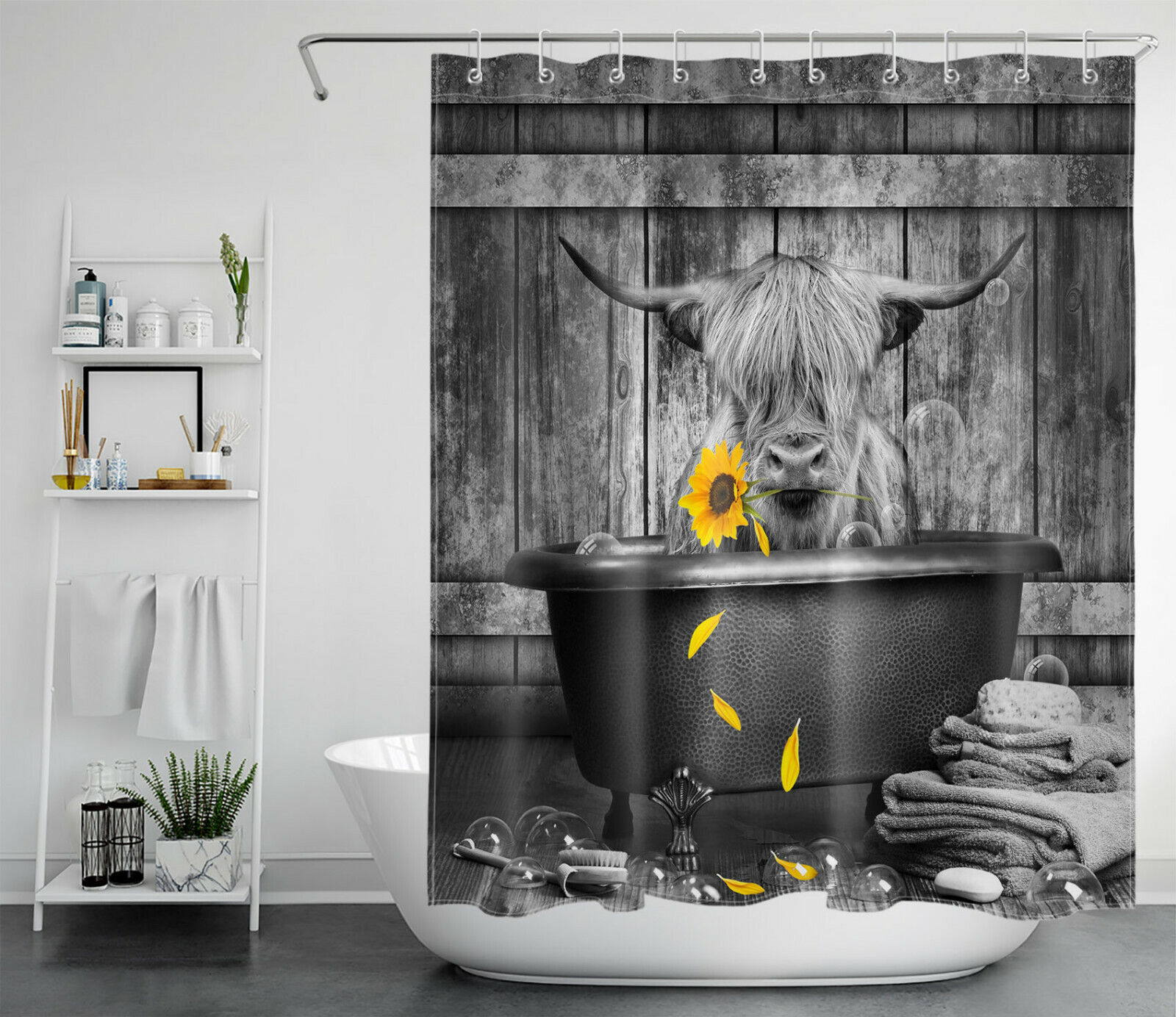 Funny Highland Cow Sunflower Print Shower Curtain for Modern Farmhouse Bathroom Decor