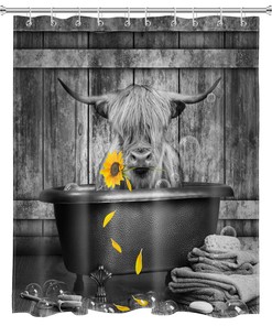 Funny Highland Cow Sunflower Print Shower Curtain for Modern Farmhouse Bathroom Decor