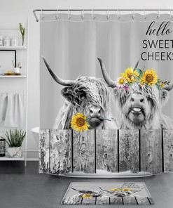 Funny Highland Cow Wooden Board Rustic Shower Curtain for Farmhouse Bathroom Decor