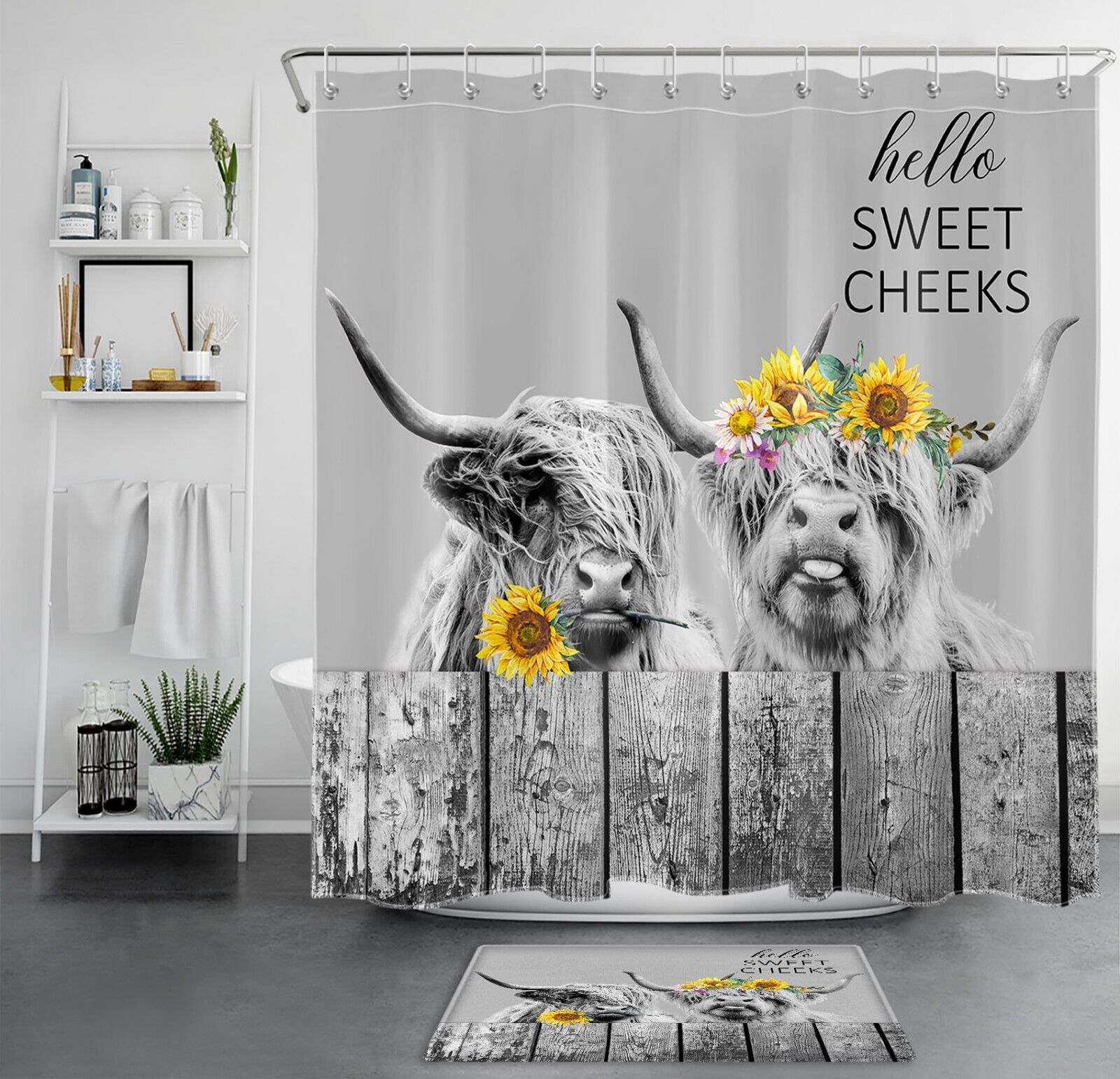 Funny Highland Cow Wooden Board Rustic Shower Curtain for Farmhouse Bathroom Decor