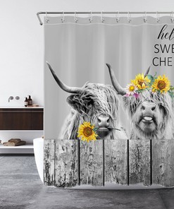 Funny Highland Cow Wooden Board Rustic Shower Curtain for Farmhouse Bathroom Decor