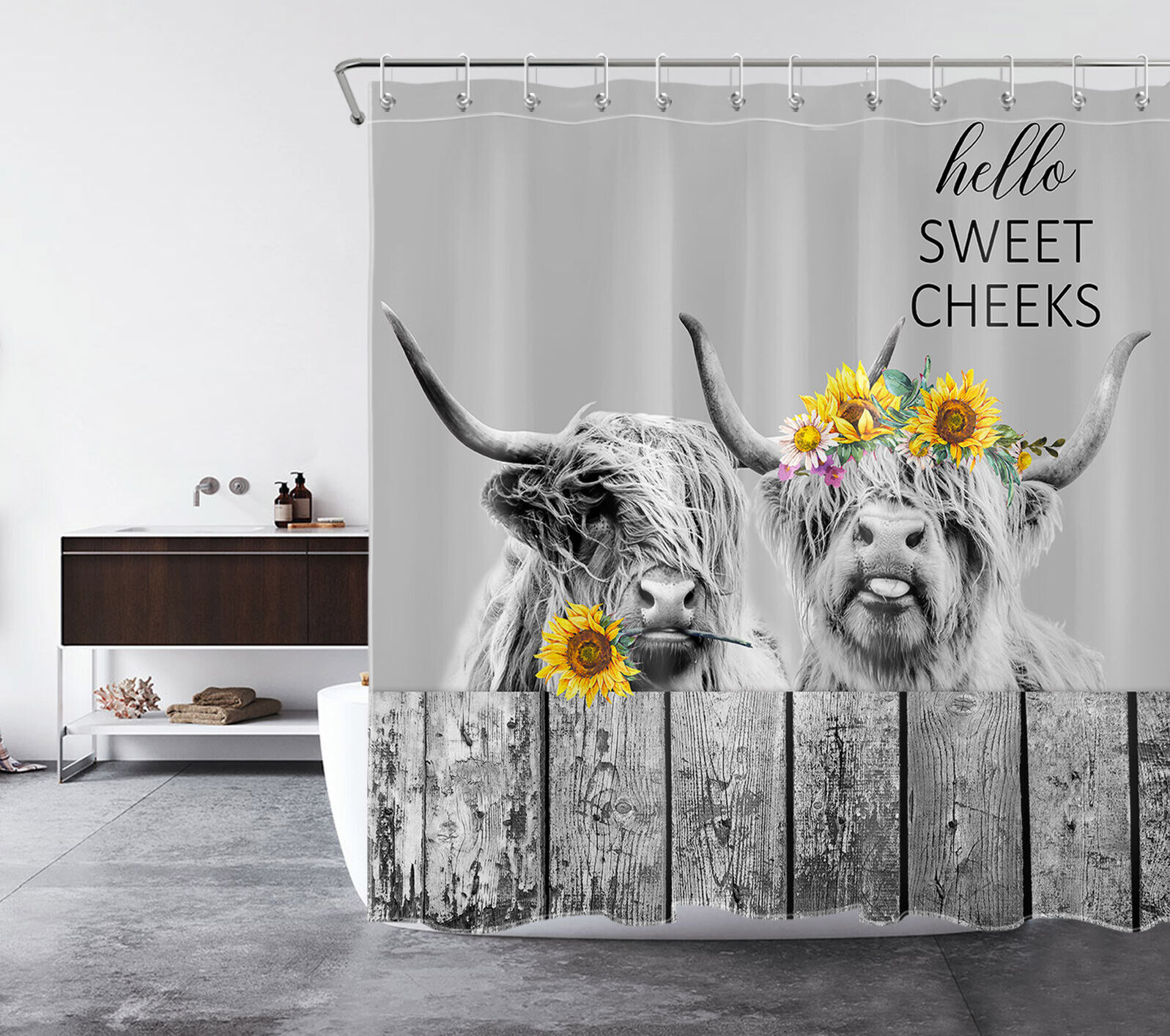 Funny Highland Cow Wooden Board Rustic Shower Curtain for Farmhouse Bathroom Decor