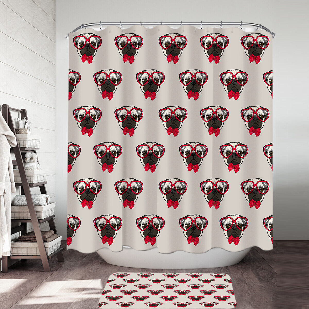 Funny Hipster Pug Dog Pattern Shower Curtain For Cool Bathroom