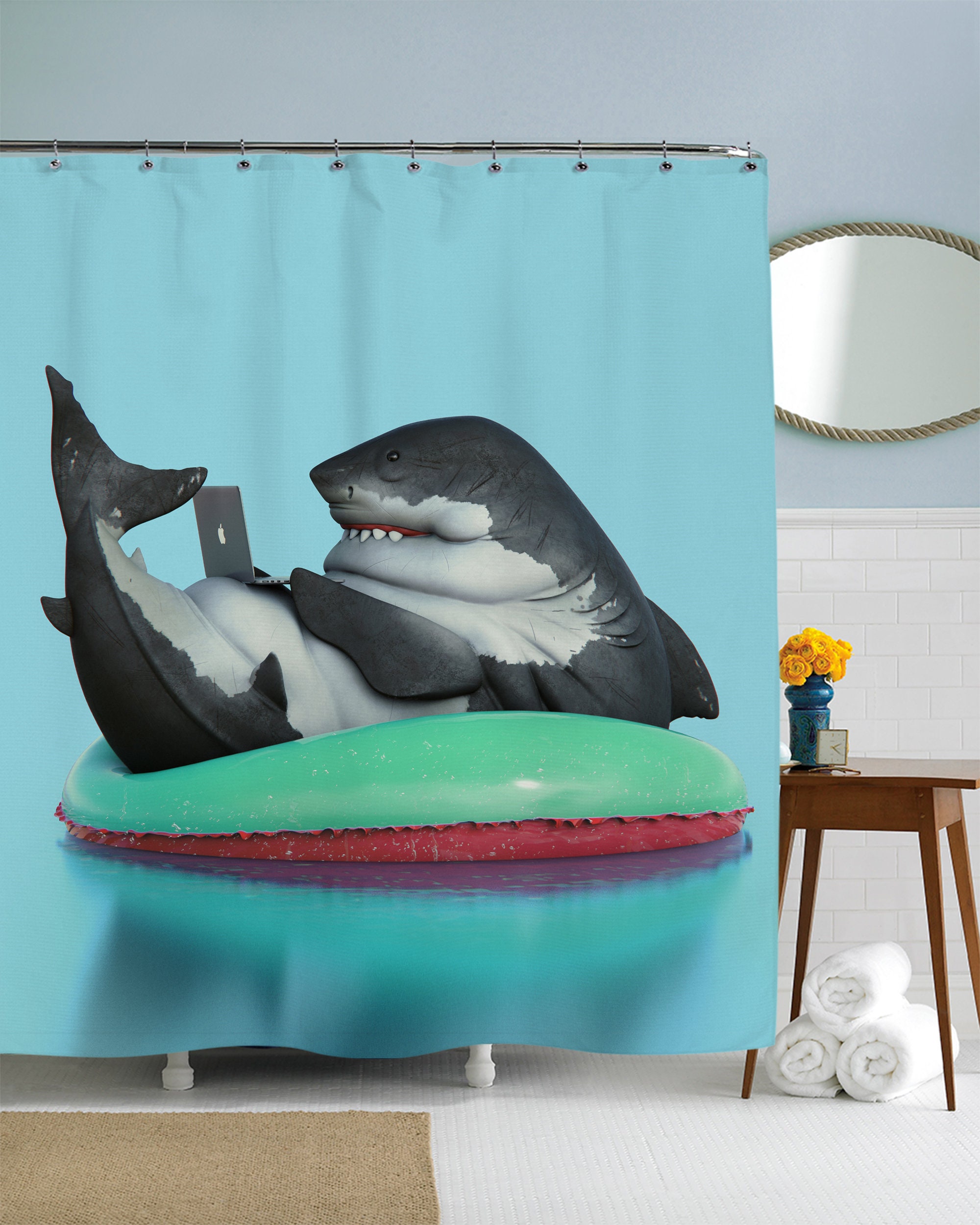 Funny Hipster Shark Art Quirky Decor Shower Curtain