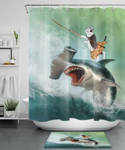 Funny Japanese Samurai Cat And Hammerhead Shark Shower Curtain - Bath Accessory For Bathroom