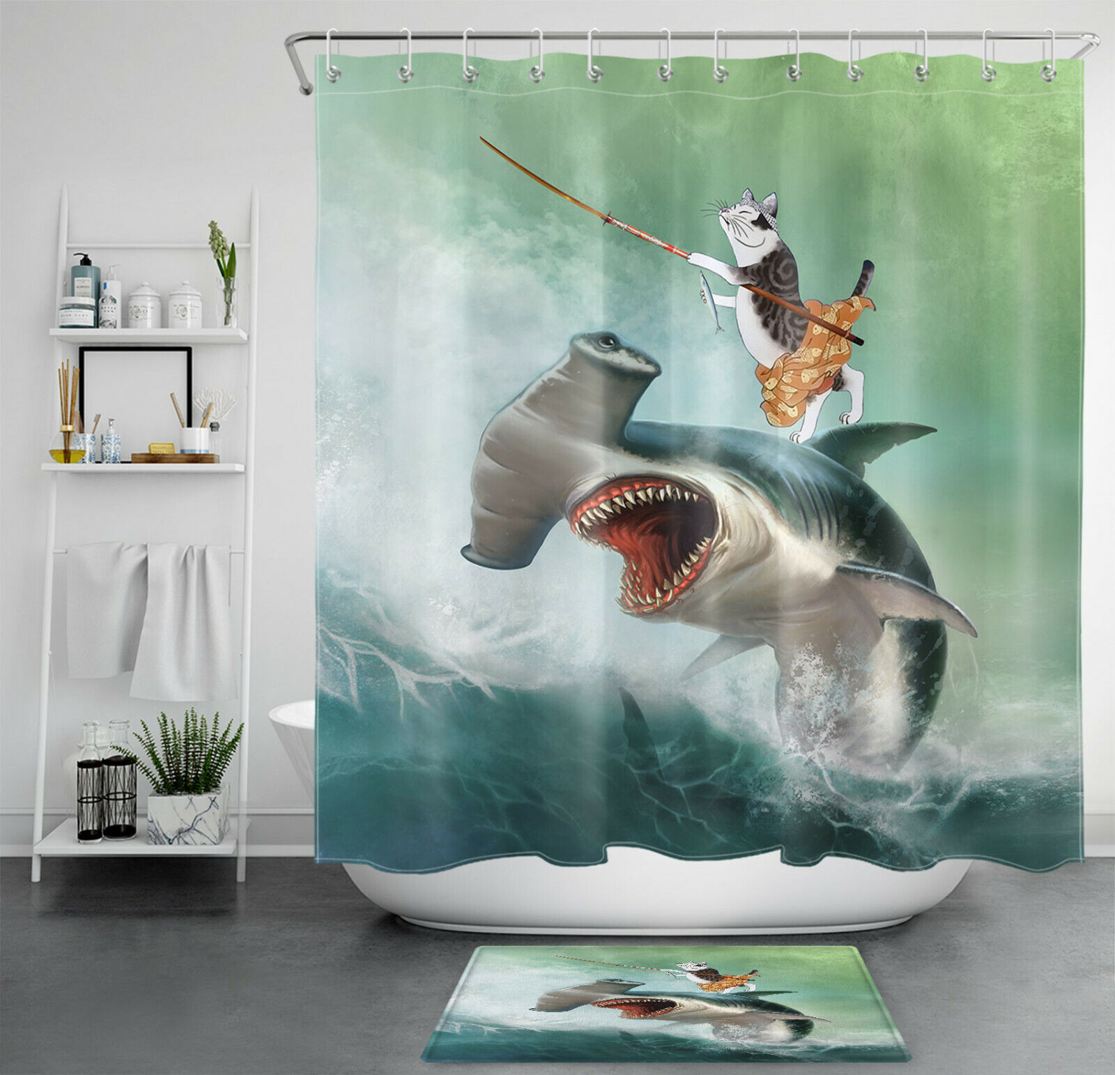 Funny Japanese Samurai Cat And Hammerhead Shark Shower Curtain - Bath Accessory For Bathroom