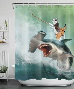 Funny Japanese Samurai Cat And Hammerhead Shark Shower Curtain - Bath Accessory For Bathroom