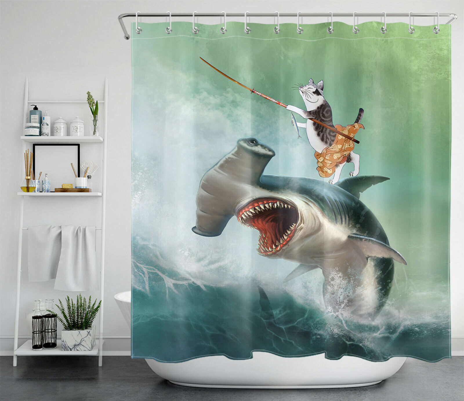 Funny Japanese Samurai Cat And Hammerhead Shark Shower Curtain - Bath Accessory For Bathroom