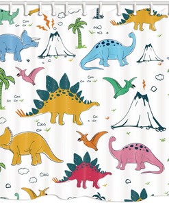 Funny Kids Cartoon Animal Graffiti Dinosaur Shower Curtain for Cute and Colorful Bathroom Decor