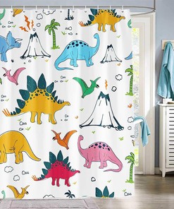 Funny Kids Cartoon Animal Graffiti Dinosaur Shower Curtain for Cute and Colorful Bathroom Decor