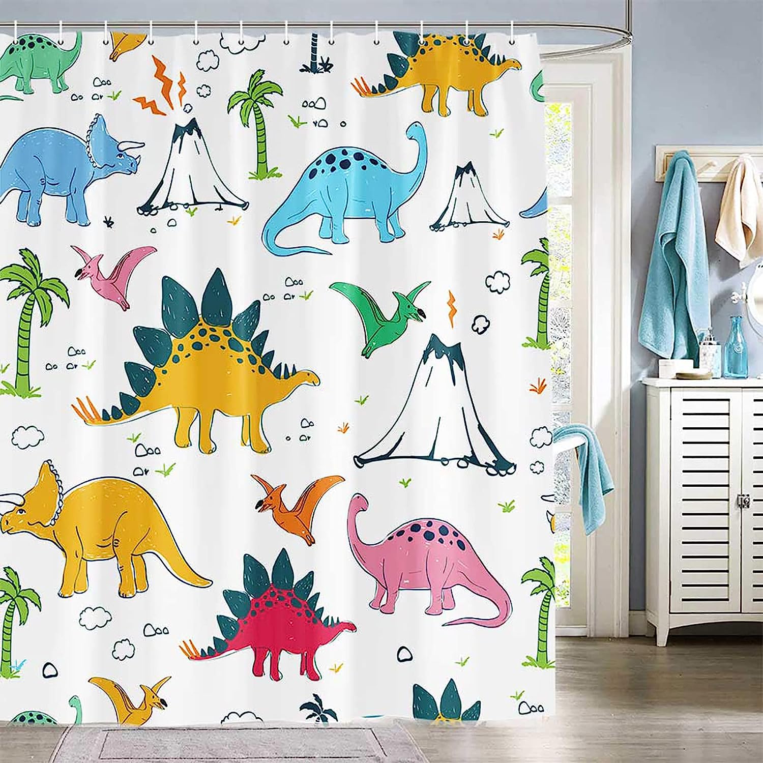 Funny Kids Cartoon Animal Graffiti Dinosaur Shower Curtain for Cute and Colorful Bathroom Decor