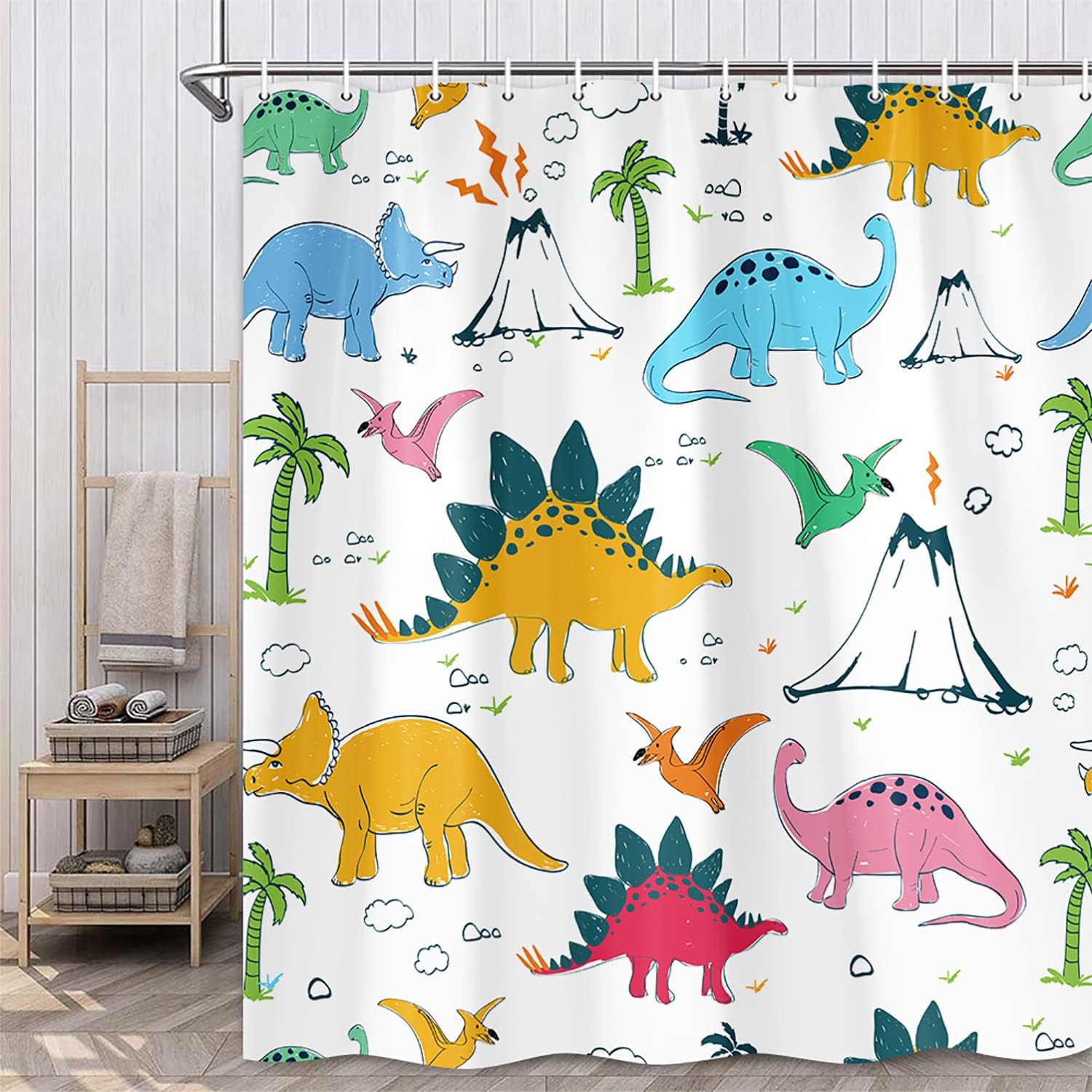 Funny Kids Cartoon Animal Graffiti Dinosaur Shower Curtain for Cute and Colorful Bathroom Decor