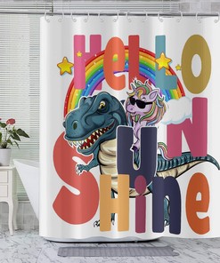Funny Kids Cartoon Shower Curtain with Cute Unicorn Riding Dinosaur, Hello Sunshine Rainbow Bathroom Curtain