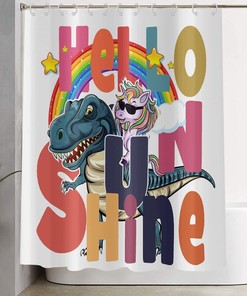 Funny Kids Cartoon Shower Curtain with Cute Unicorn Riding Dinosaur, Hello Sunshine Rainbow Bathroom Curtain