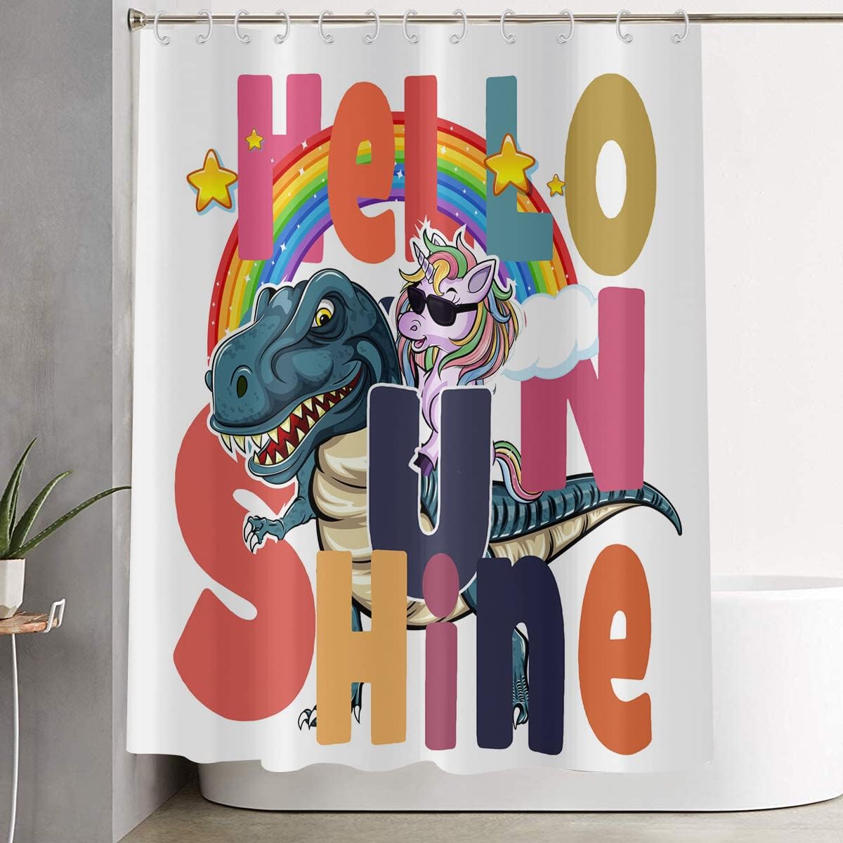 Funny Kids Cartoon Shower Curtain with Cute Unicorn Riding Dinosaur, Hello Sunshine Rainbow Bathroom Curtain