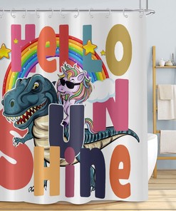 Funny Kids Cartoon Shower Curtain with Cute Unicorn Riding Dinosaur, Hello Sunshine Rainbow Bathroom Curtain