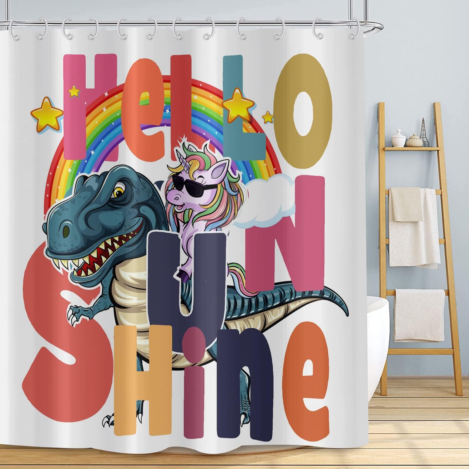 Funny Kids Cartoon Shower Curtain with Cute Unicorn Riding Dinosaur, Hello Sunshine Rainbow Bathroom Curtain