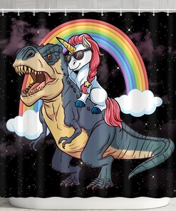 Funny Kids Shower Curtain - Magic Unicorn Riding Ferocious Dinosaur Bathroom Decor