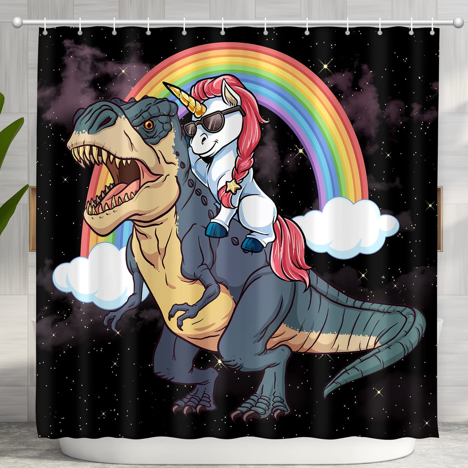 Funny Kids Shower Curtain - Magic Unicorn Riding Ferocious Dinosaur Bathroom Decor