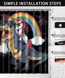 Funny Kids Shower Curtain - Magic Unicorn Riding Ferocious Dinosaur Bathroom Decor