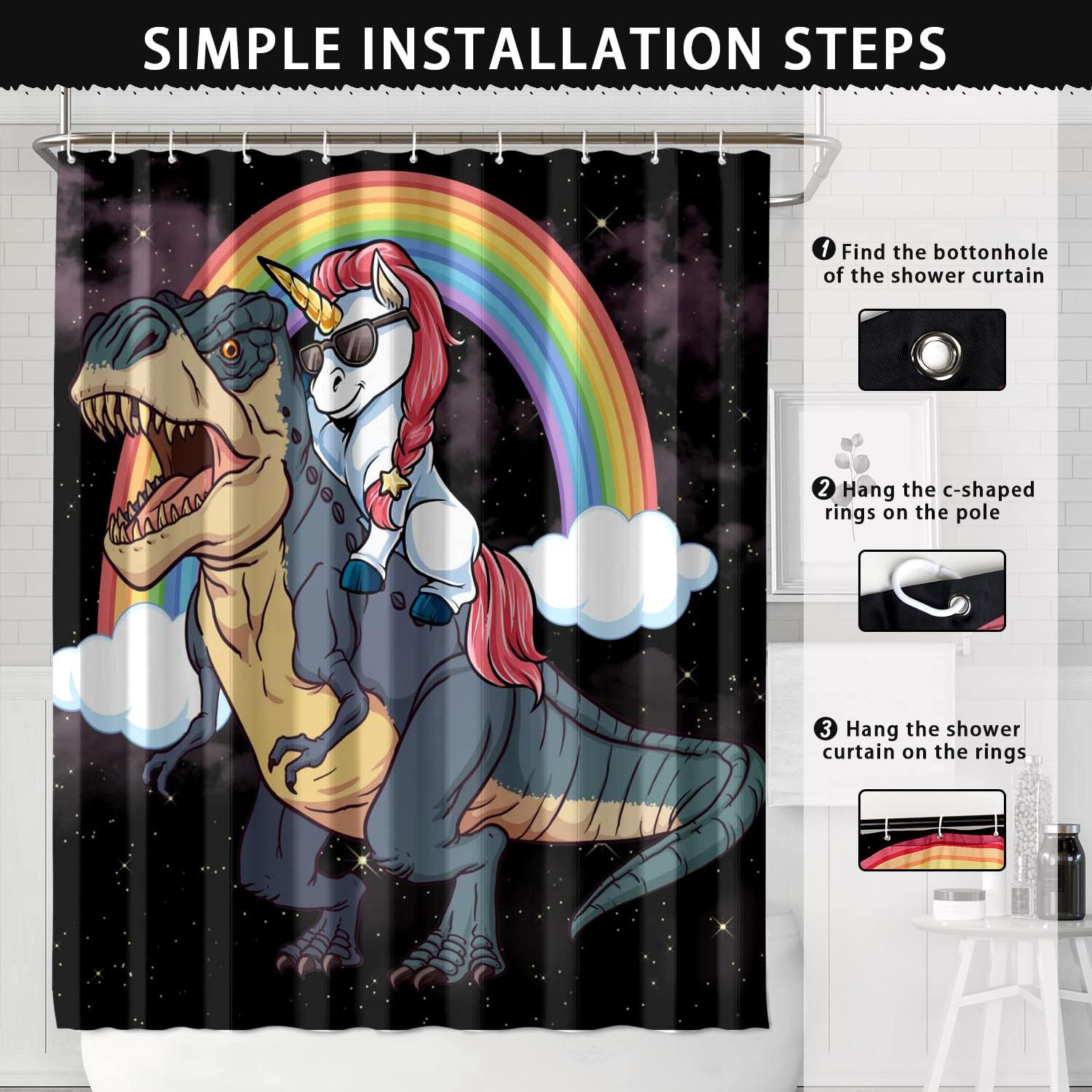 Funny Kids Shower Curtain - Magic Unicorn Riding Ferocious Dinosaur Bathroom Decor