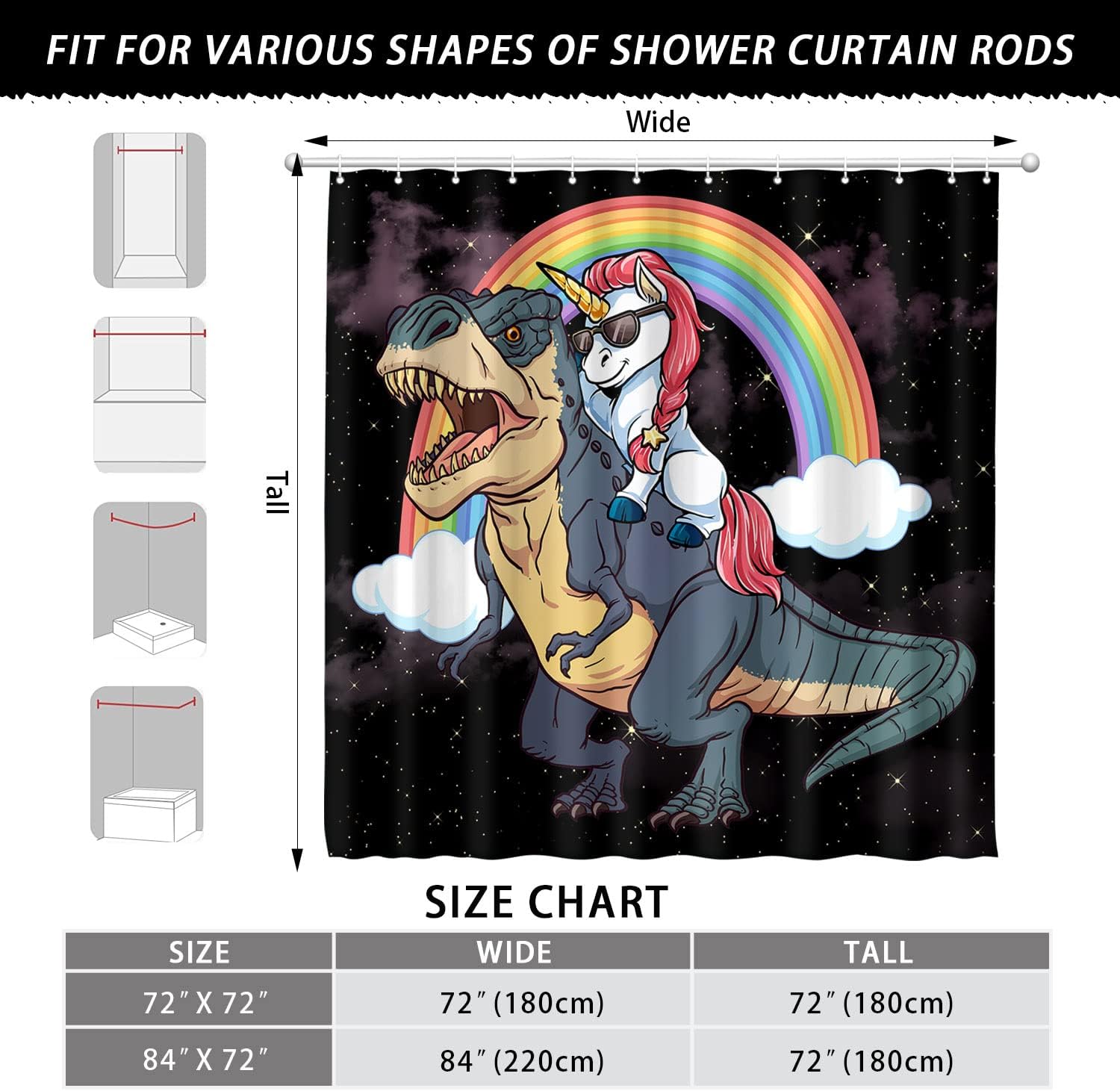 Funny Kids Shower Curtain - Magic Unicorn Riding Ferocious Dinosaur Bathroom Decor
