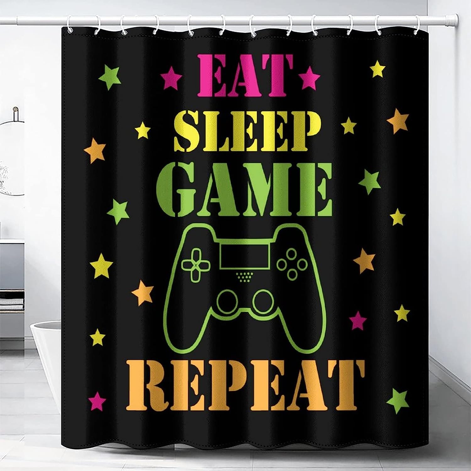 Funny Modern Gaming Device Shower Curtain For Kids - Black Fabric Waterproof Cloth Bathroom Decor
