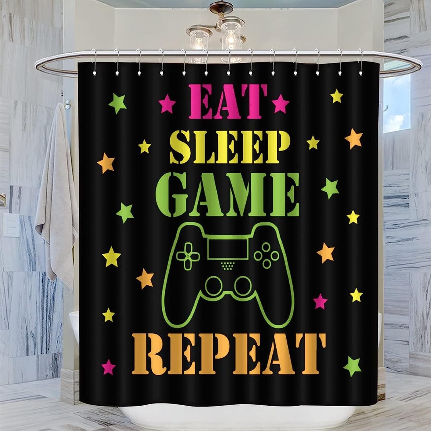 Funny Modern Gaming Device Shower Curtain For Kids - Black Fabric Waterproof Cloth Bathroom Decor