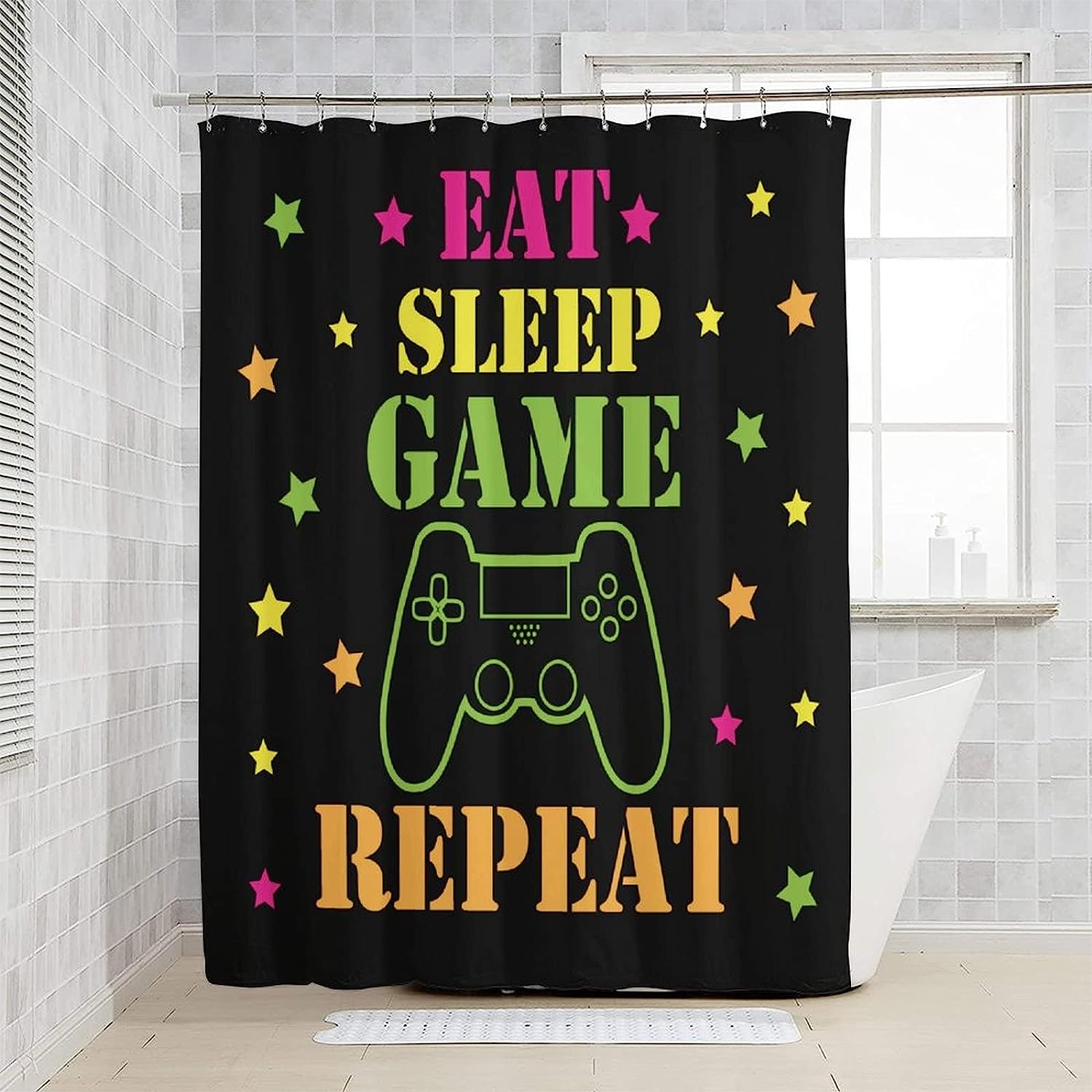 Funny Modern Gaming Device Shower Curtain For Kids - Black Fabric Waterproof Cloth Bathroom Decor