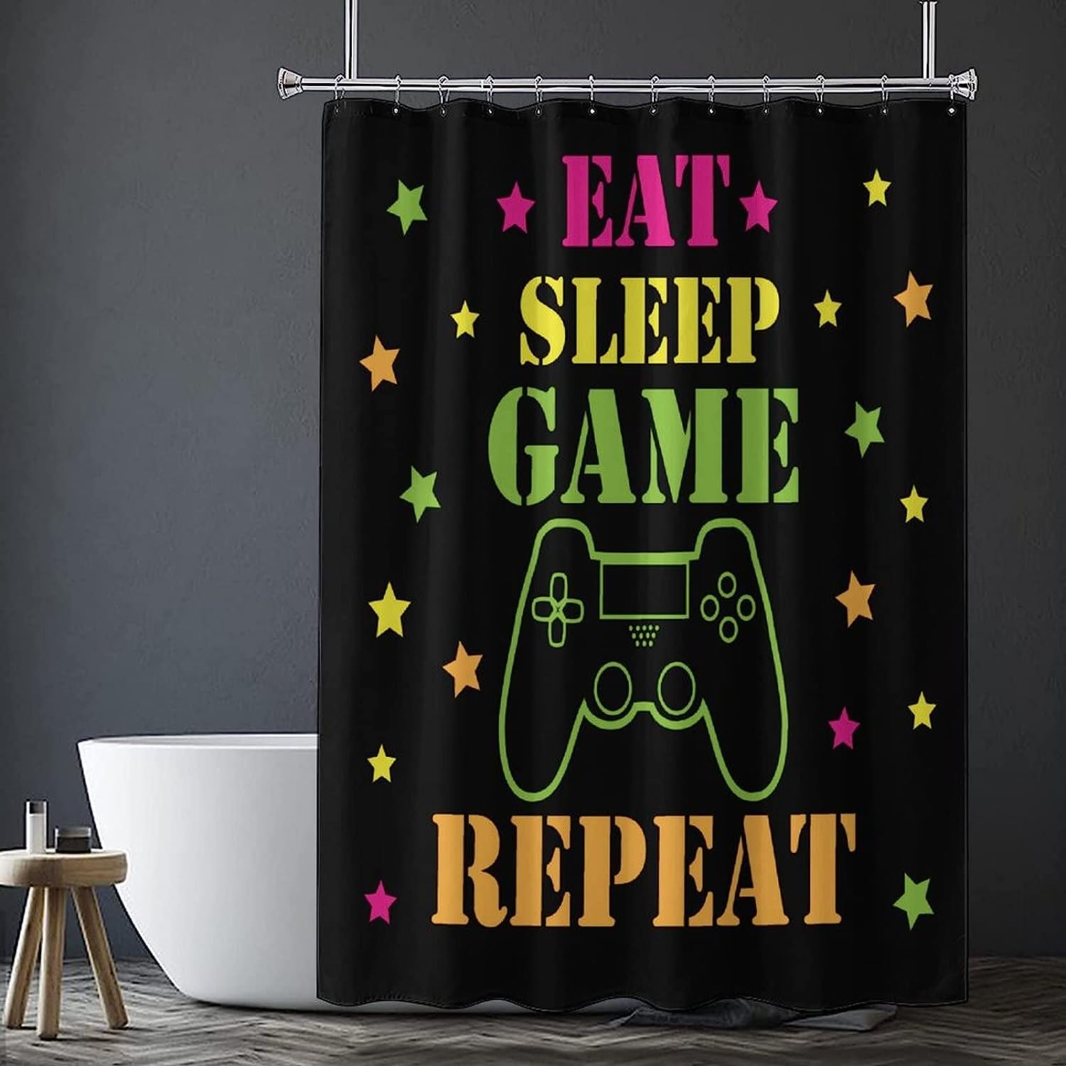 Funny Modern Gaming Device Shower Curtain For Kids - Black Fabric Waterproof Cloth Bathroom Decor