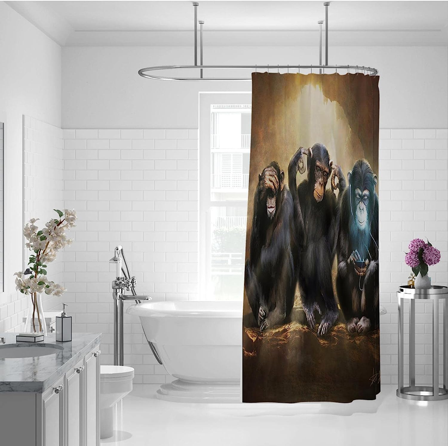 Funny Monkey Bathing Waterproof Shower Curtain For Kids Bathroom - Image 2
