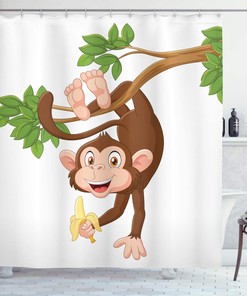 Funny Monkey Hanging From Tree And Holding Banana Jungle Shower Curtain - Cloth Fabric Bathroom Decors