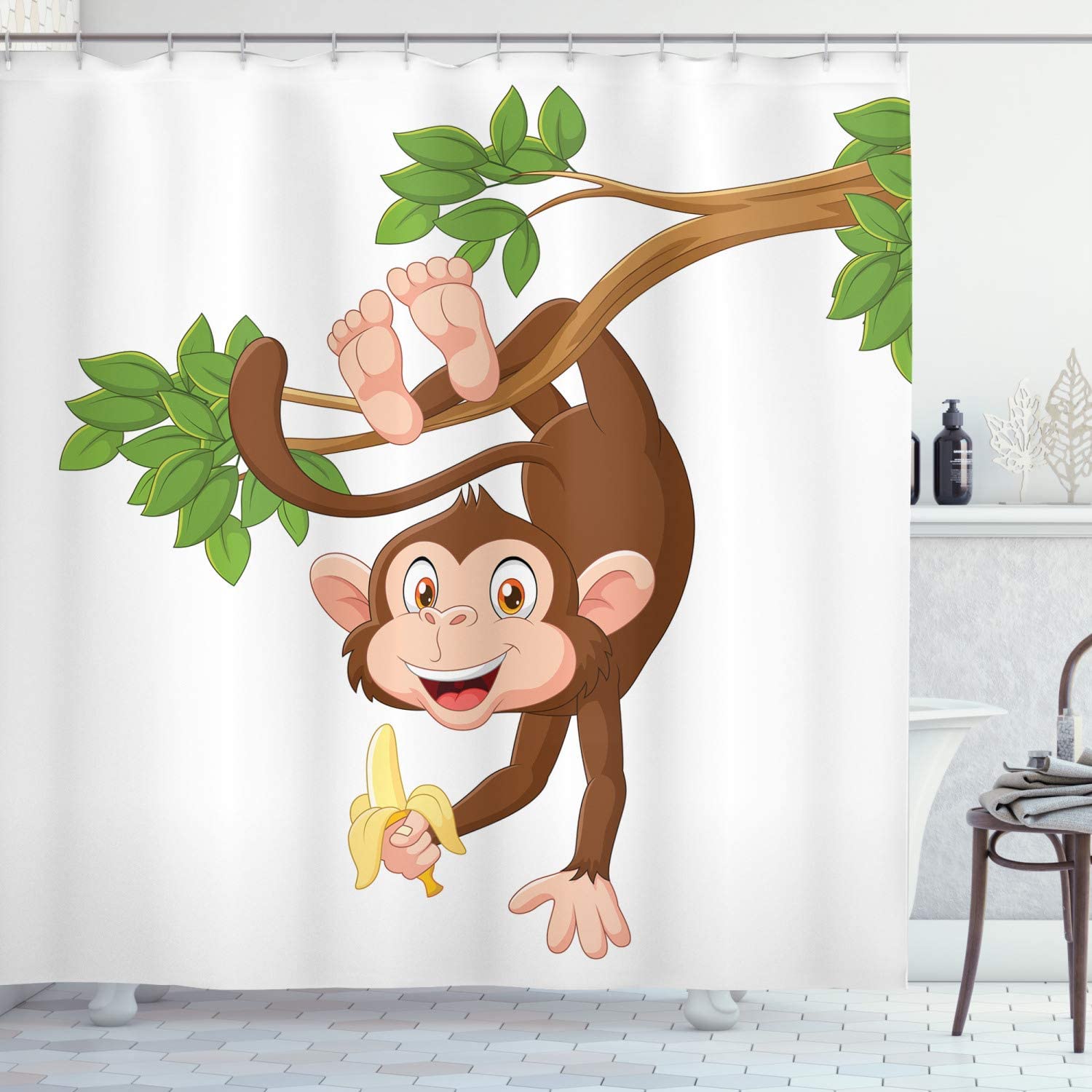 Funny Monkey Hanging From Tree And Holding Banana Jungle Shower Curtain - Cloth Fabric Bathroom Decors