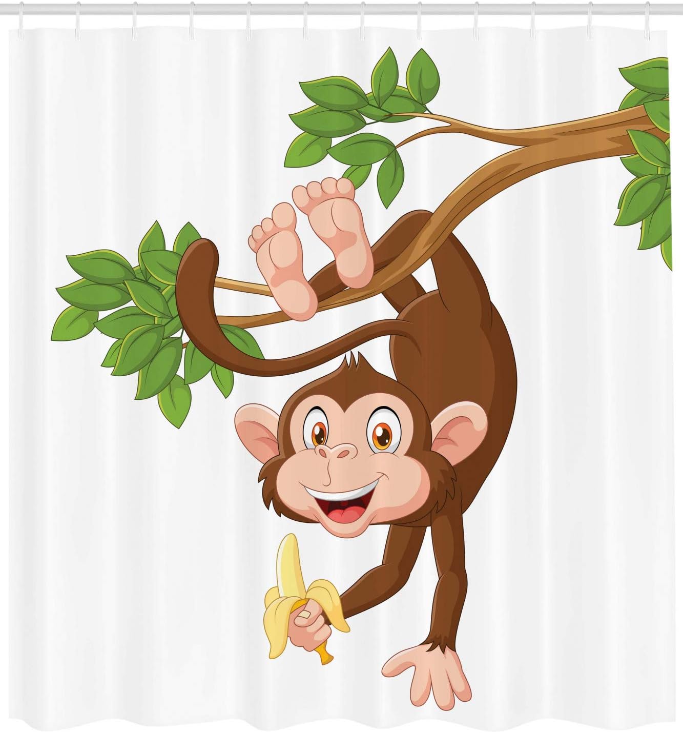 Funny Monkey Hanging From Tree And Holding Banana Jungle Shower Curtain - Cloth Fabric Bathroom Decors - Image 2