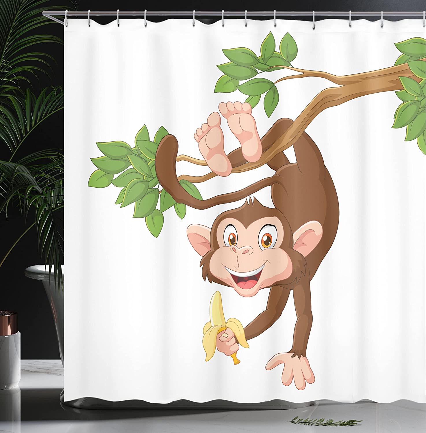 Funny Monkey Hanging From Tree And Holding Banana Jungle Shower Curtain - Cloth Fabric Bathroom Decors - Image 3