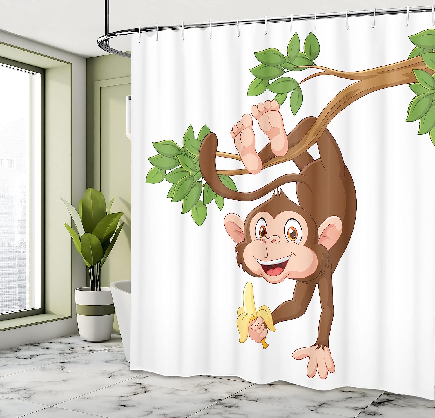 Funny Monkey Hanging From Tree And Holding Banana Jungle Shower Curtain - Cloth Fabric Bathroom Decors - Image 4