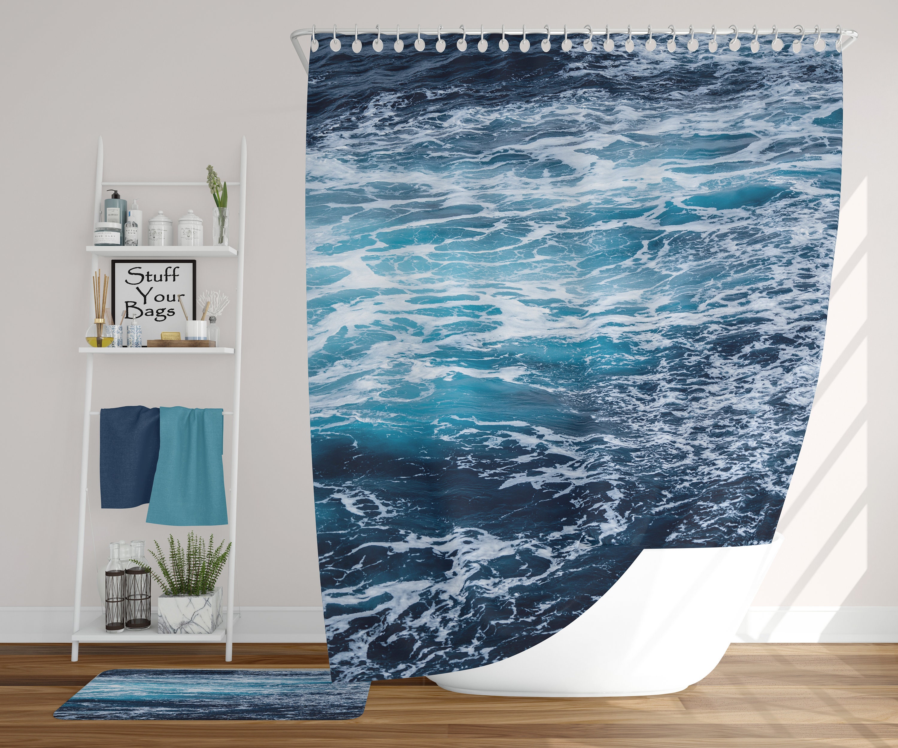 Funny Ocean Sand Shower Curtain with Tropical Bathtub Decor - Quirky Bathroom Decoration Artwork