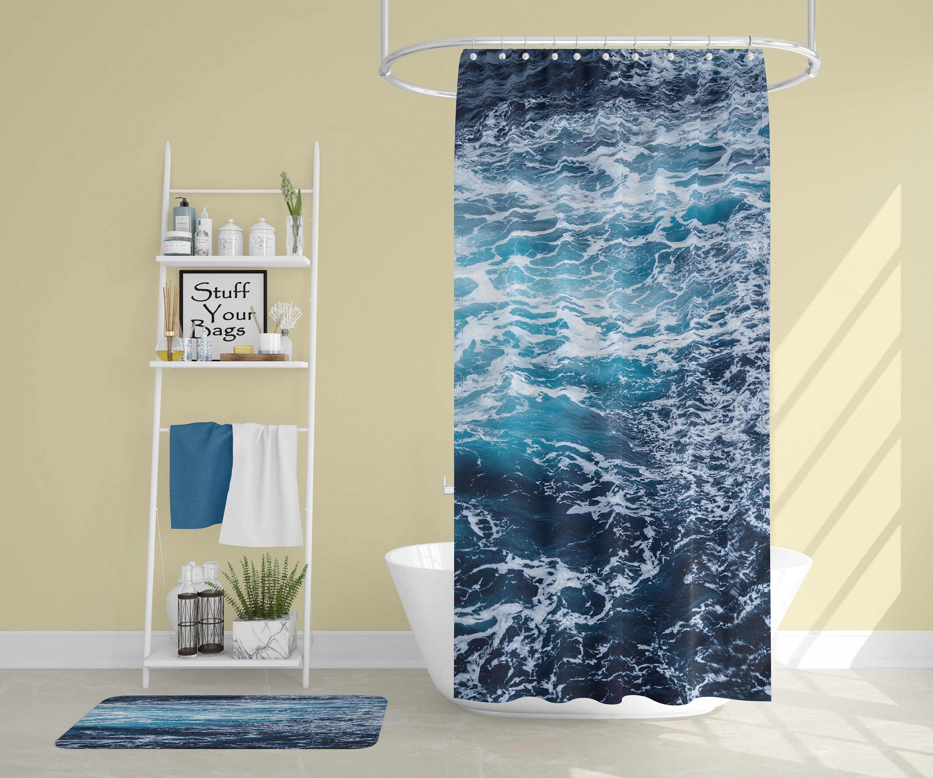 Funny Ocean Sand Shower Curtain with Tropical Bathtub Decor - Quirky Bathroom Decoration Artwork