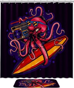 Funny Octopus with Glasses Print Shower Curtain Set with Bathroom Accessories - Modern Waterproof Fabric Bath Curtain